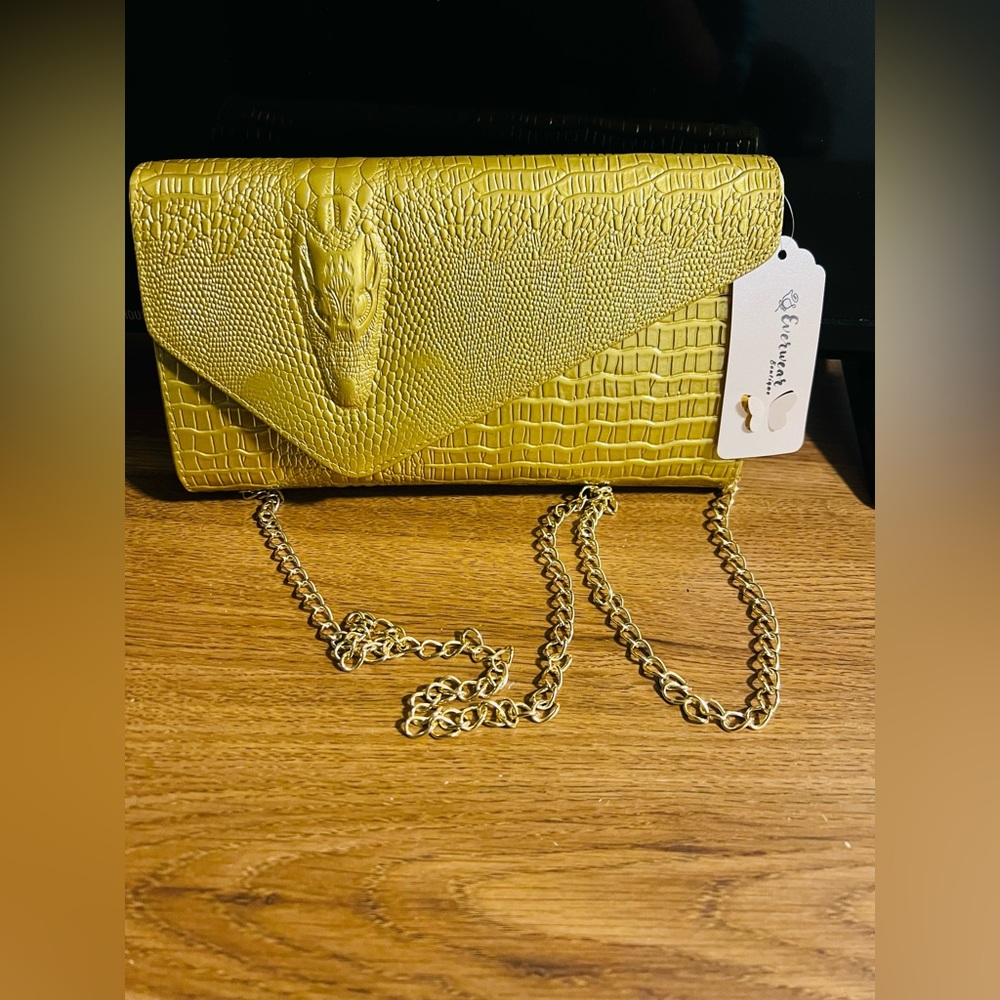 Golden Crocodile Embossed Clutch with Chain